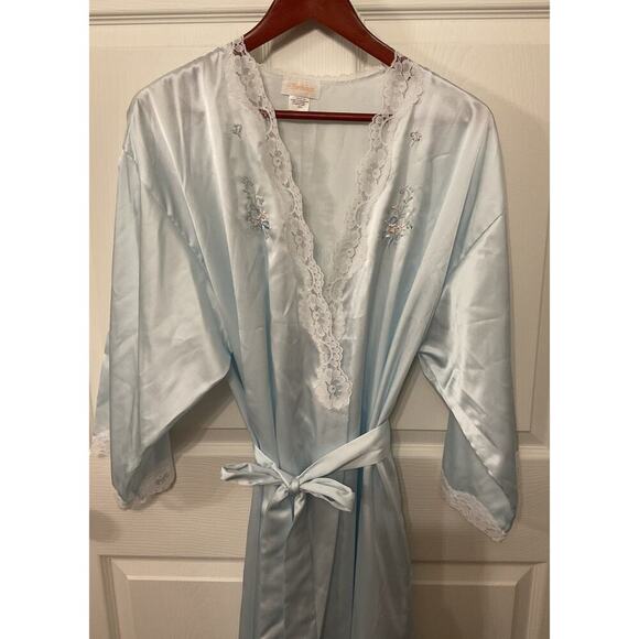 Vintage Blue Satin Floral Embroidered Lace Trimmed Barbizon Maxi Robe, L - Picture 1 of 7